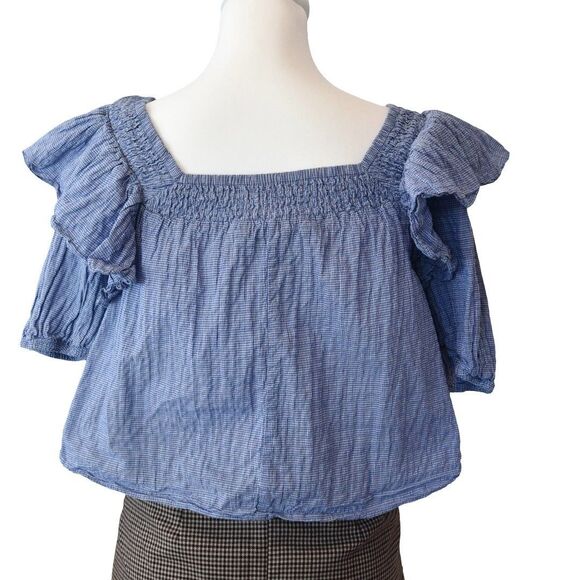 Zara Blue Gingham Smocked Ruffle Sleeve Top Size S Cottagecore Peasant Blouse - Picture 1 of 7